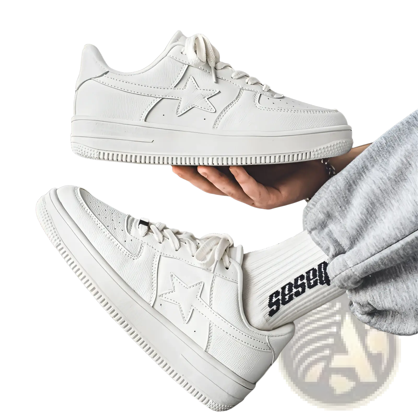 Men’s white suede leather sneakers with star emblem low-top design and thick sole featuring matching white laces