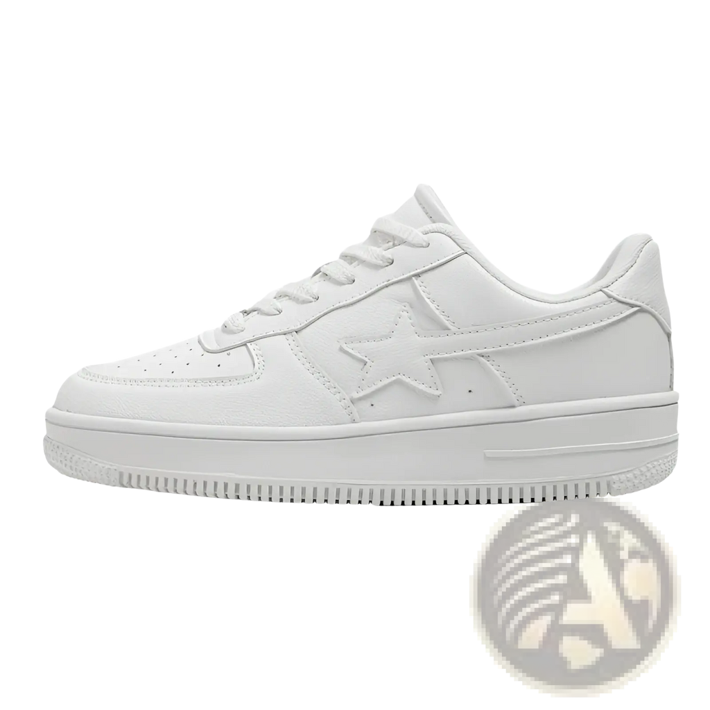 Men’s white leather low-top sneakers with stitched star emblem and thick sole for casual wear
