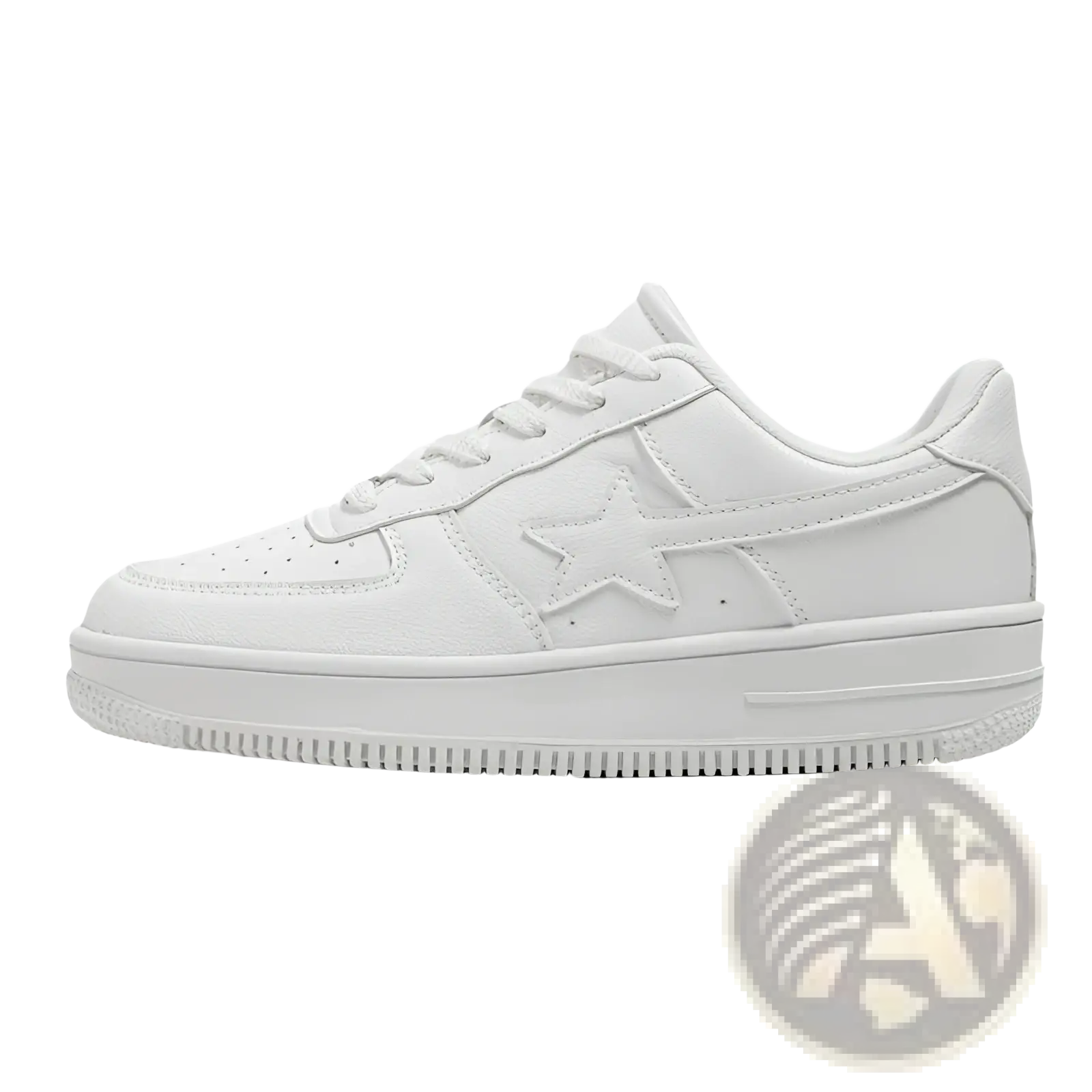Men’s white leather low-top sneakers with stitched star emblem and thick sole for casual wear