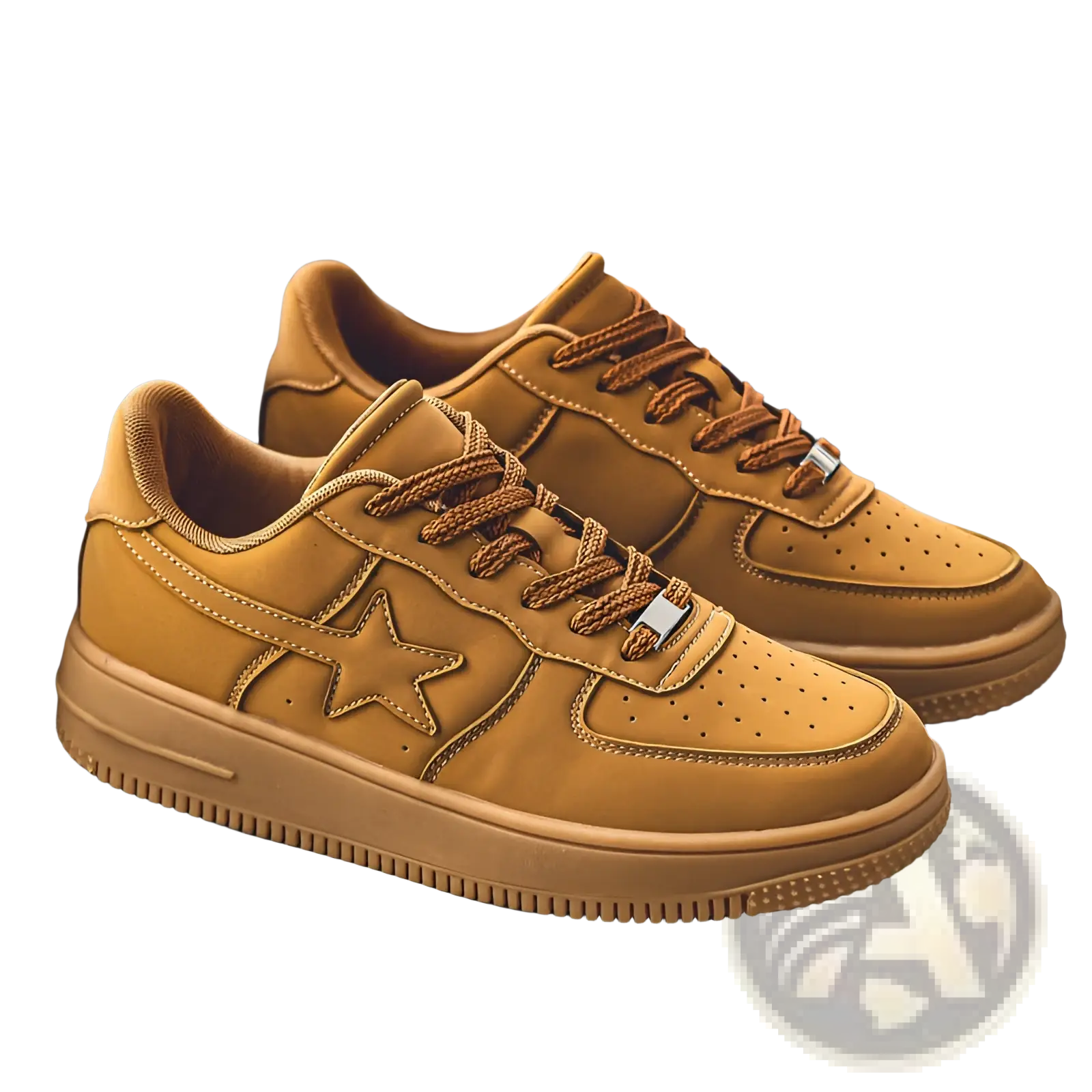 Men’s tan suede leather sneakers with a star emblem and matching laces featuring a thick sole design