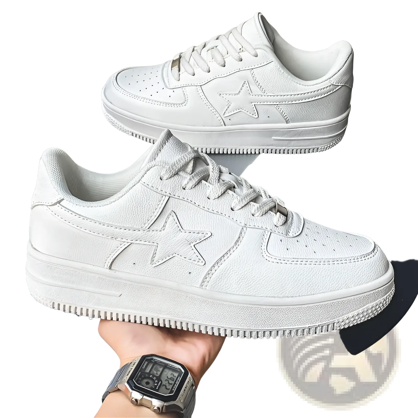 White leather men’s sneakers with a thick sole and star emblem on the side for casual wear