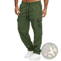 Mens straight leg cargo work pants in olive green with black drawstring waistband and multiple functional pockets