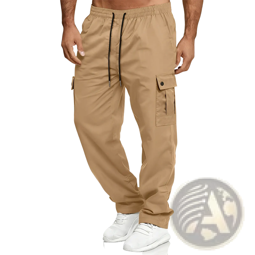 Beige mens straight leg cargo work pants with black drawstrings and buttoned flap pockets for durable use