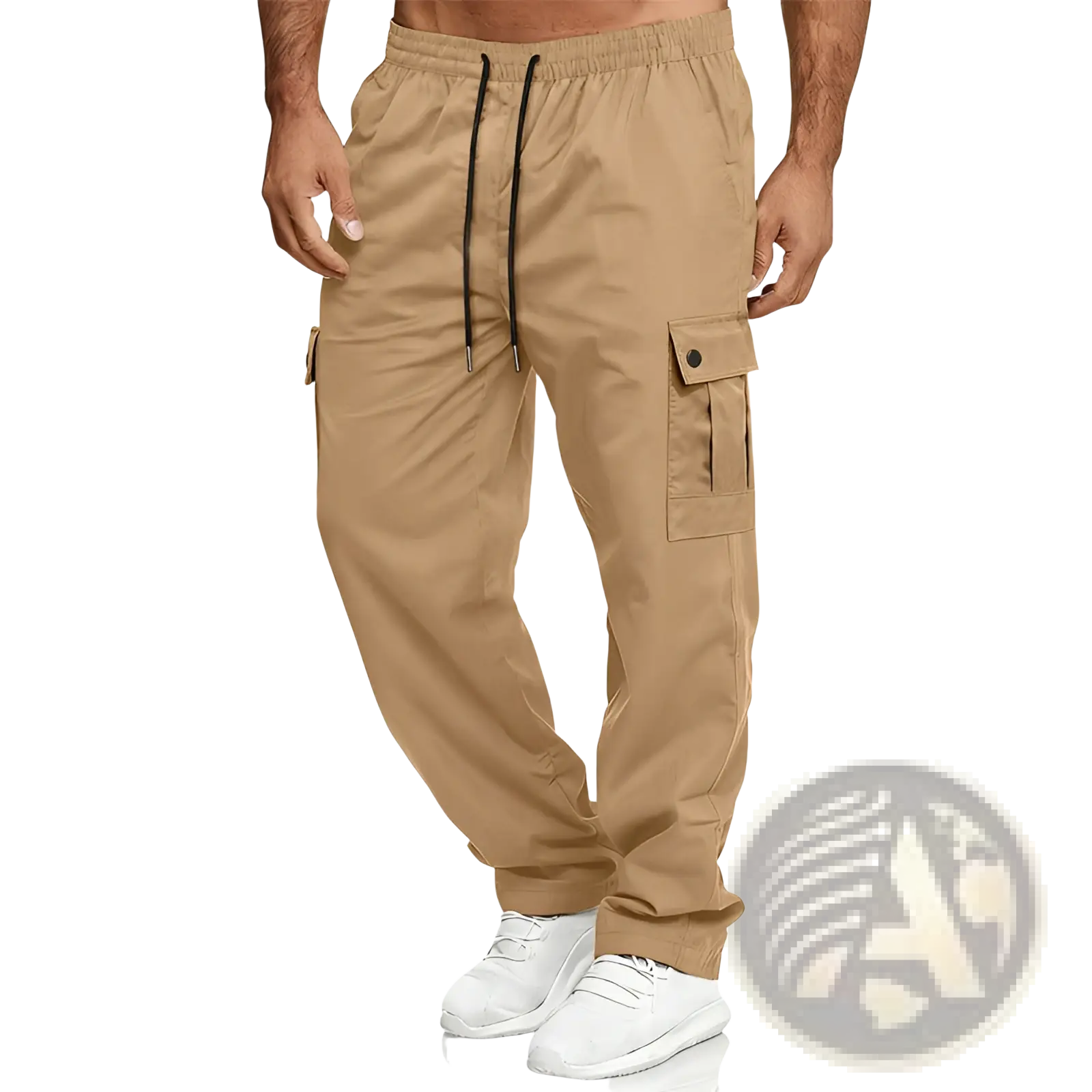 Beige mens straight leg cargo work pants with black drawstrings and buttoned flap pockets for durable use