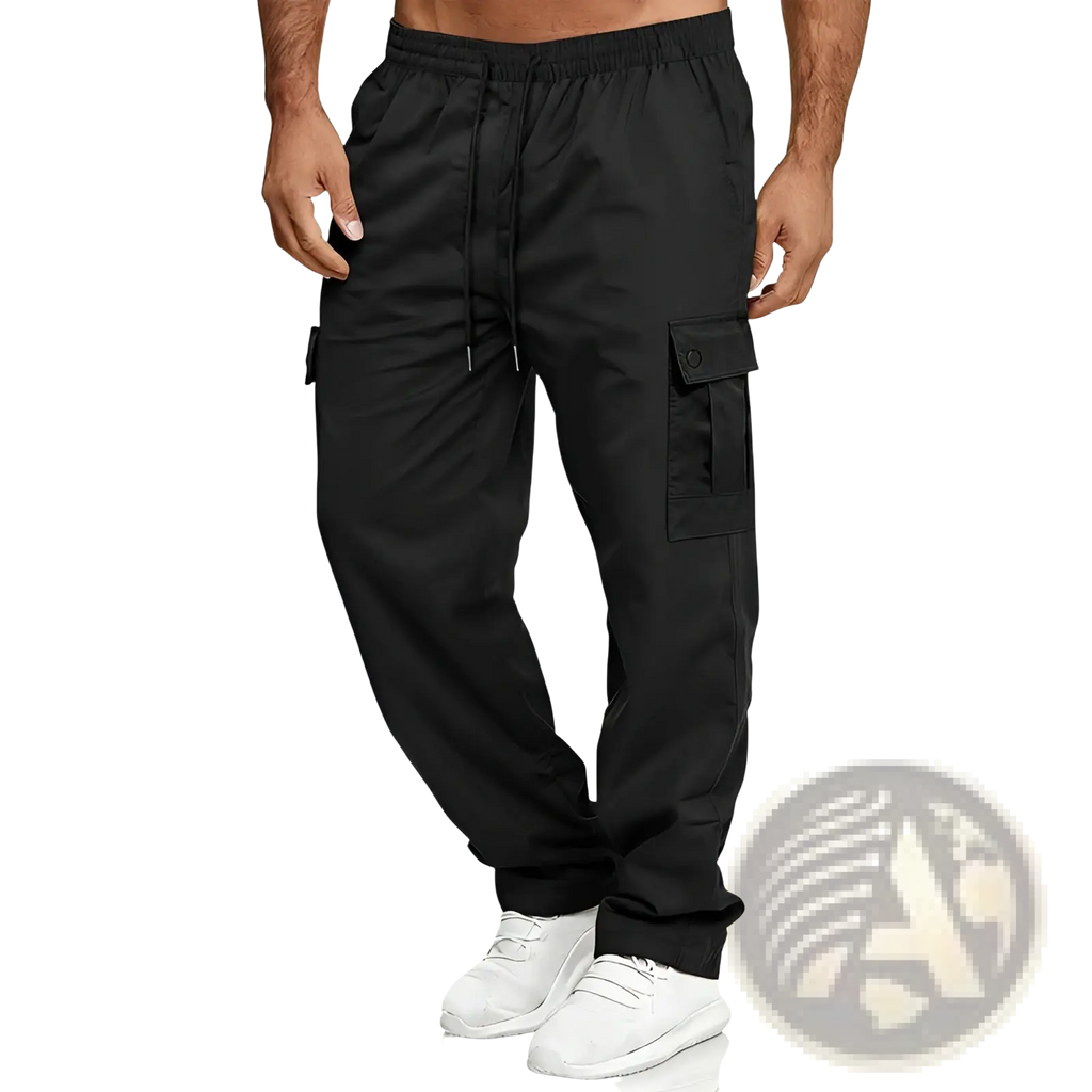 Mens straight leg cargo work pants in black with elastic waistband drawstring and multiple side flap pockets