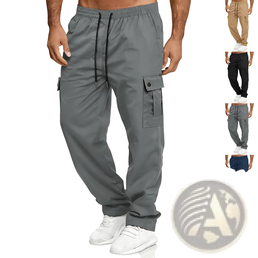 Mens straight leg cargo work pants in gray featuring multiple pockets and a drawstring waistband for durability and comfort