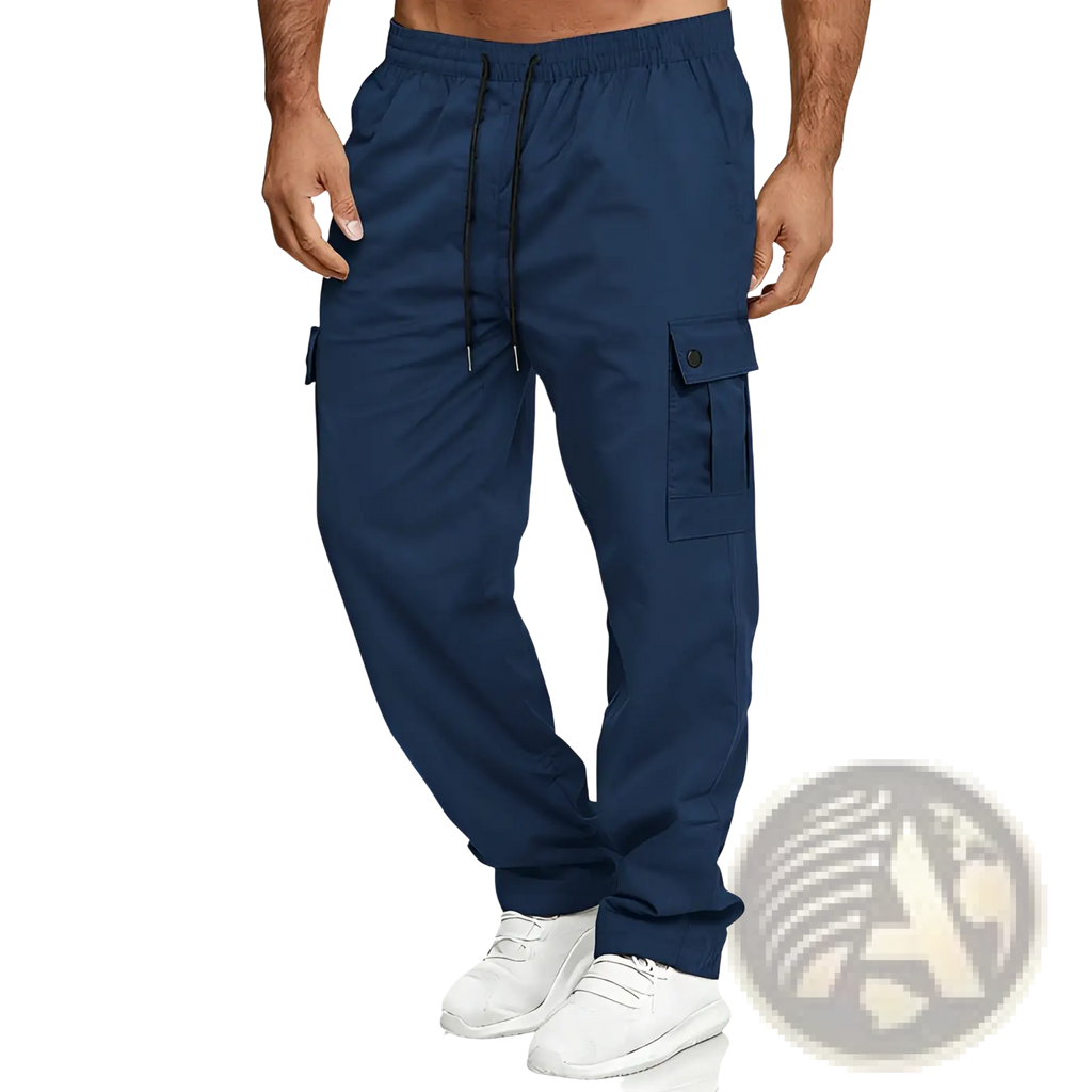 Mens straight leg cargo work pants in navy blue featuring side pockets and a drawstring waistband for comfort