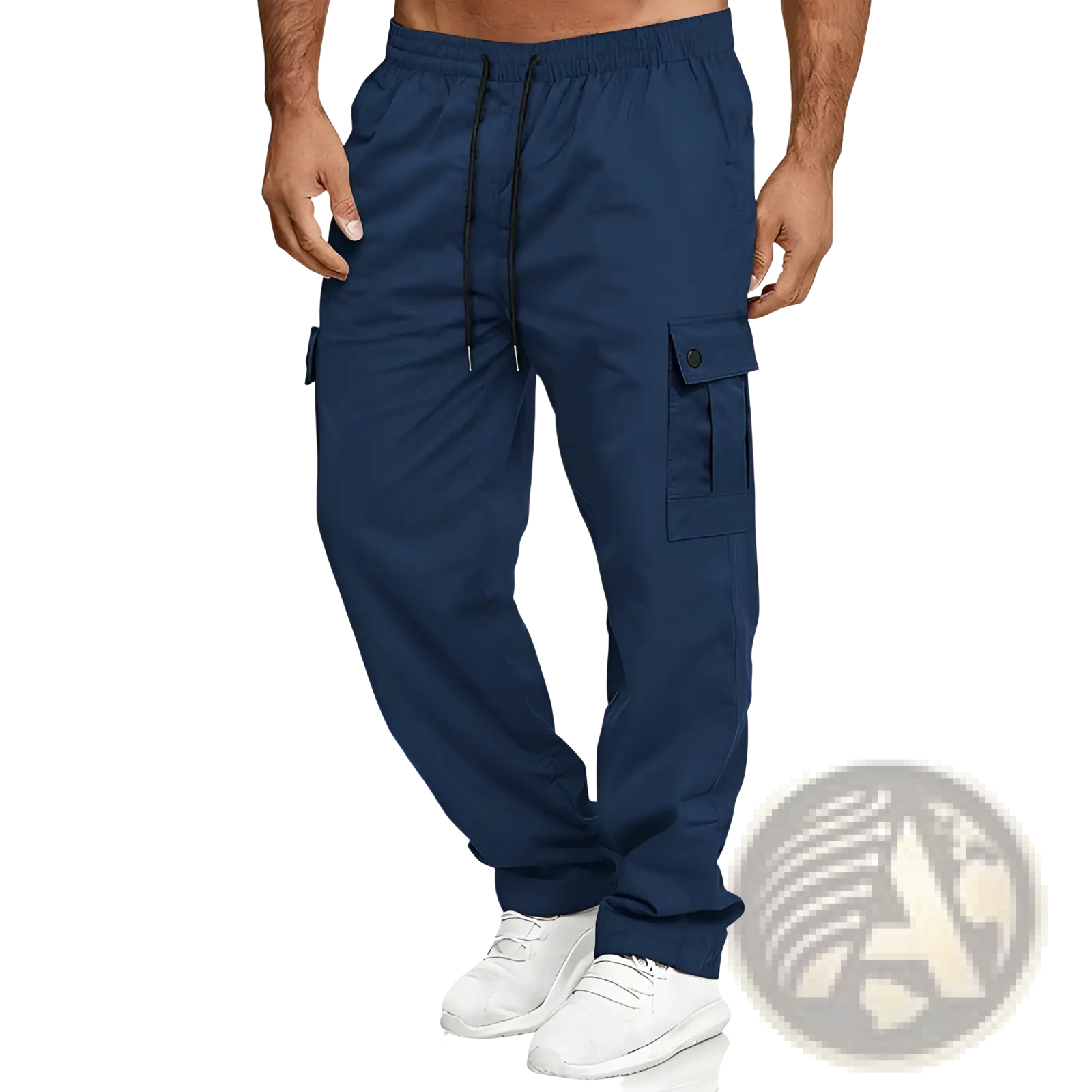 Mens straight leg cargo work pants in navy blue featuring side pockets and a drawstring waistband for comfort