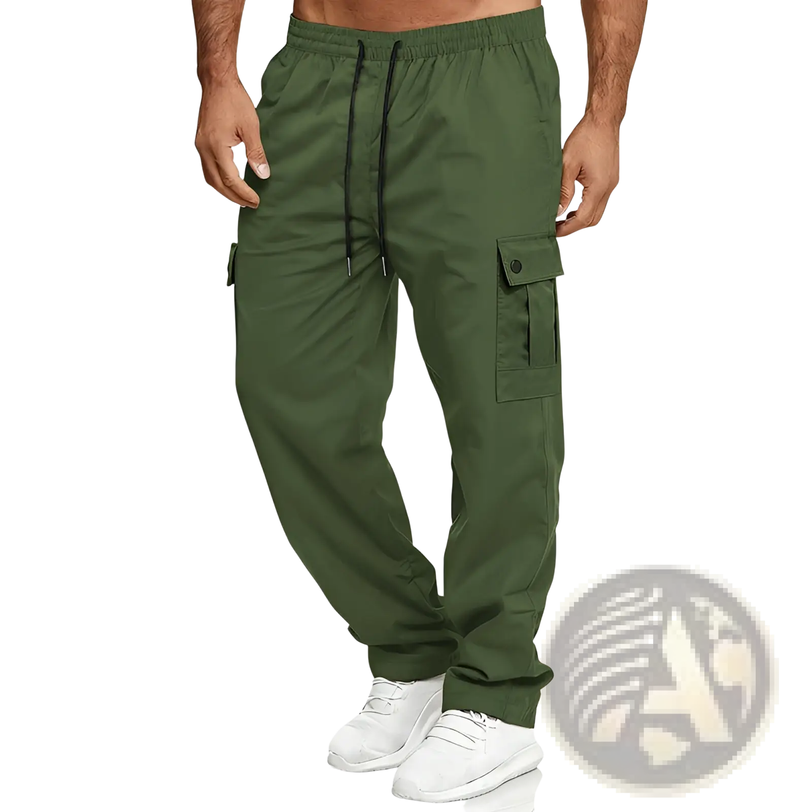 Olive green mens straight leg cargo work pants with black drawstring waistband and multiple functional pockets
