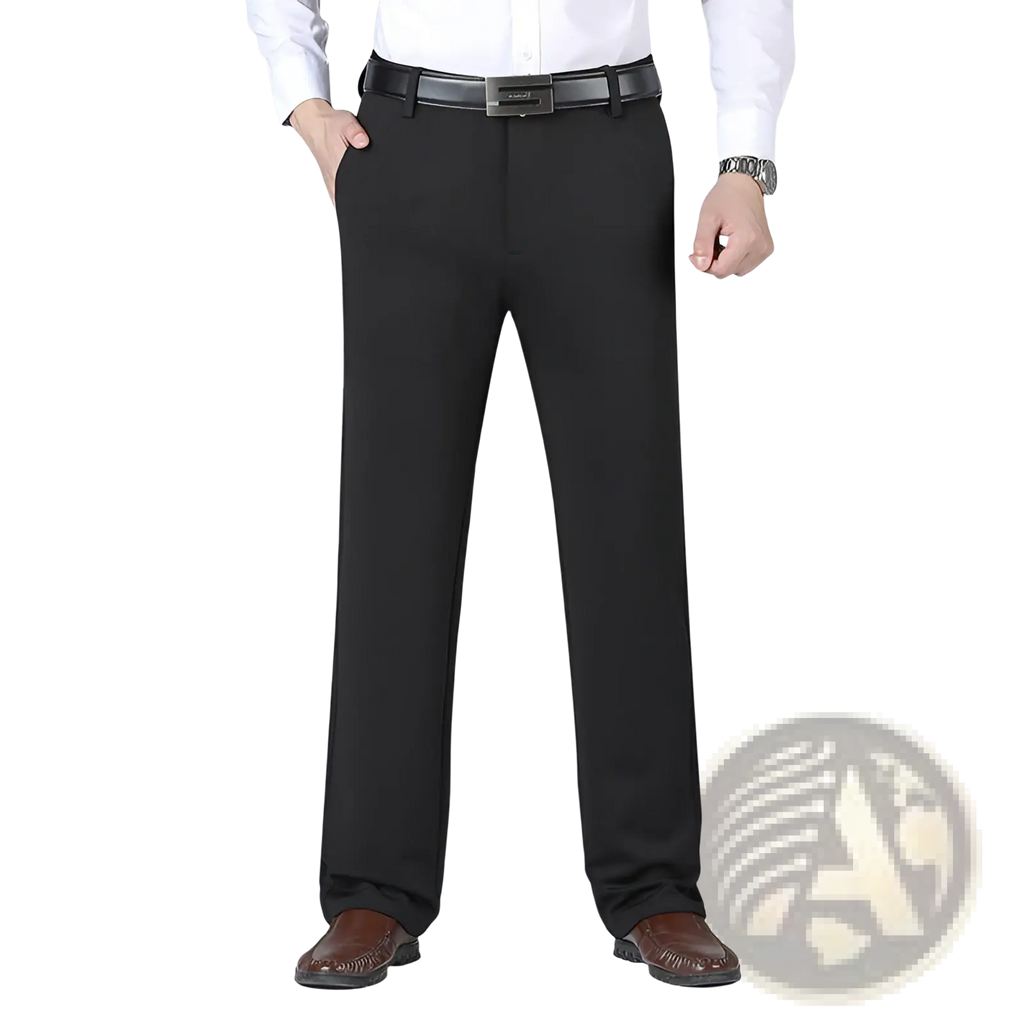 Men’s straight leg black formal trousers with non-iron stretch fabric and matching belt for tailored comfort