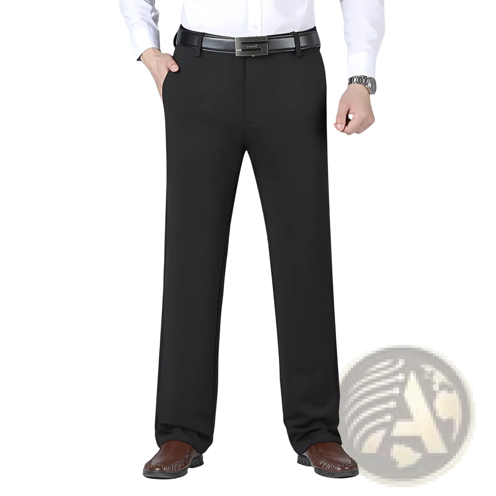 Men’s straight leg black formal trousers with non-iron stretch fabric and matching belt for tailored comfort