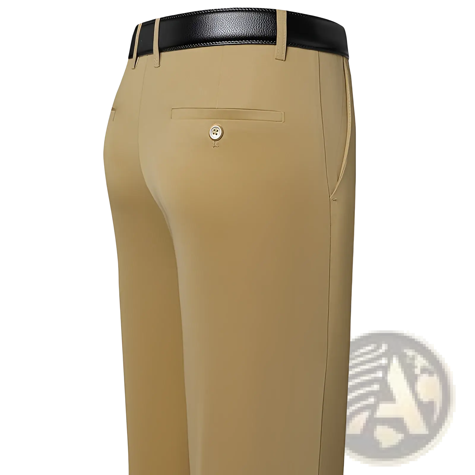 Men’s khaki straight leg non-iron stretch formal trousers with tailored fit and black leather belt showing front details
