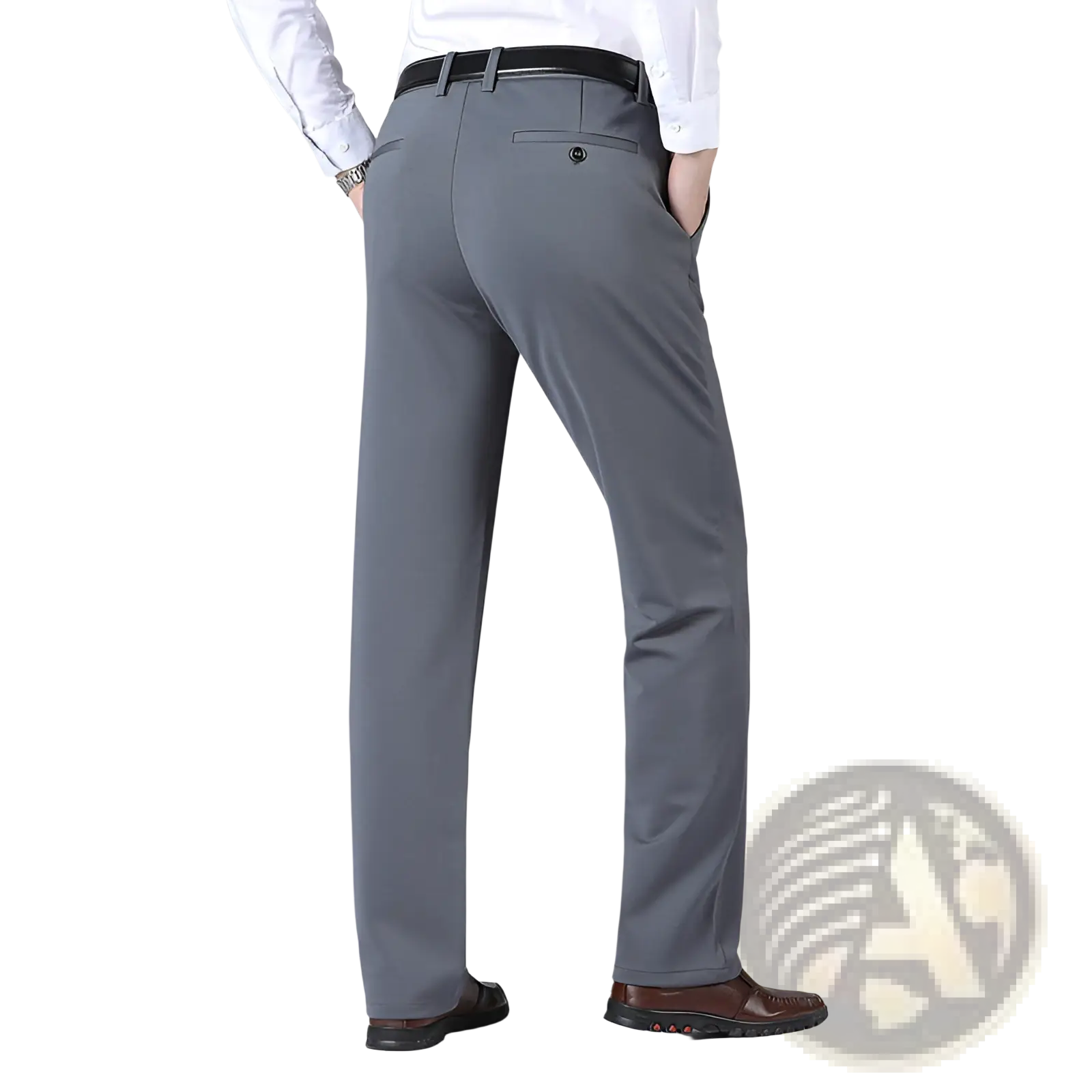 Gray men’s straight leg non-iron stretch formal trousers with sleek cut and black belt for professional wear