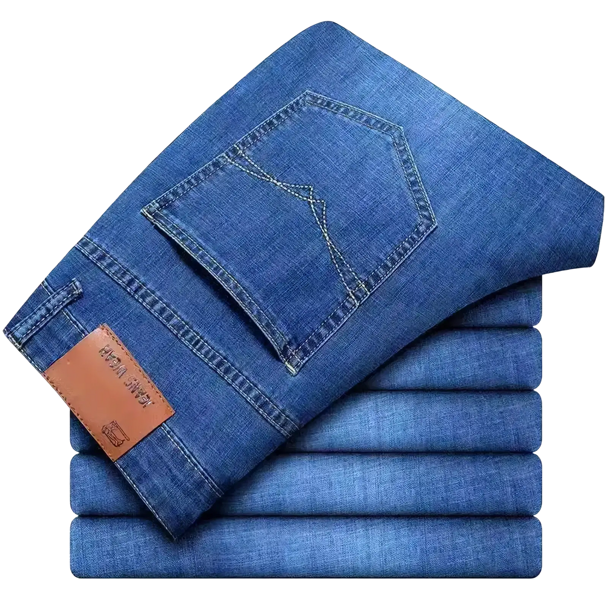 Men’s straight leg stretch denim jeans in blue with a brown leather brand tag on the waistband back side