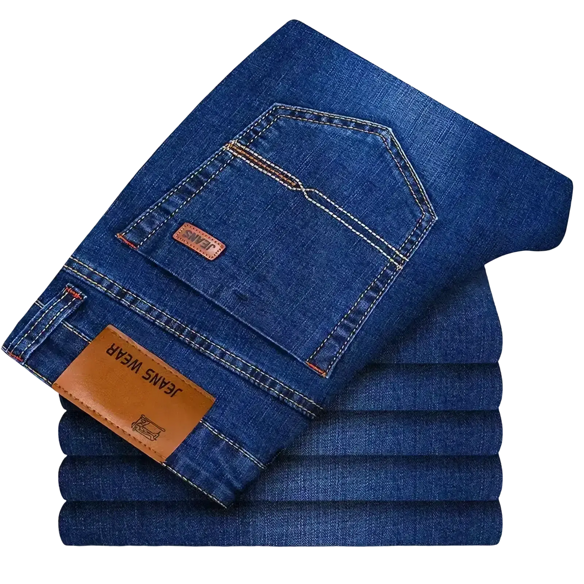 Men’s straight leg stretch denim jeans in blue with white stitching and brown leather brand patch on the back