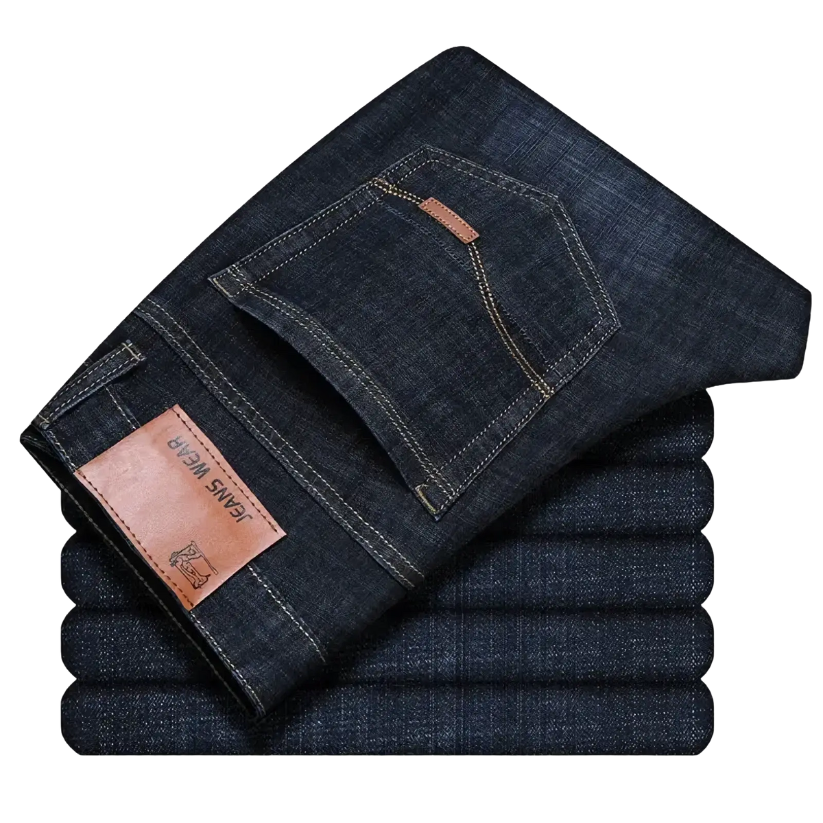 Men’s straight leg stretch denim jeans dark blue with brown leather jeans wear patch on the back waistband