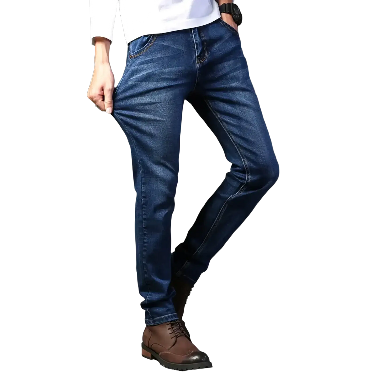Men’s dark blue denim jeans with a slim fit and classic stitching featuring straight leg stretch design