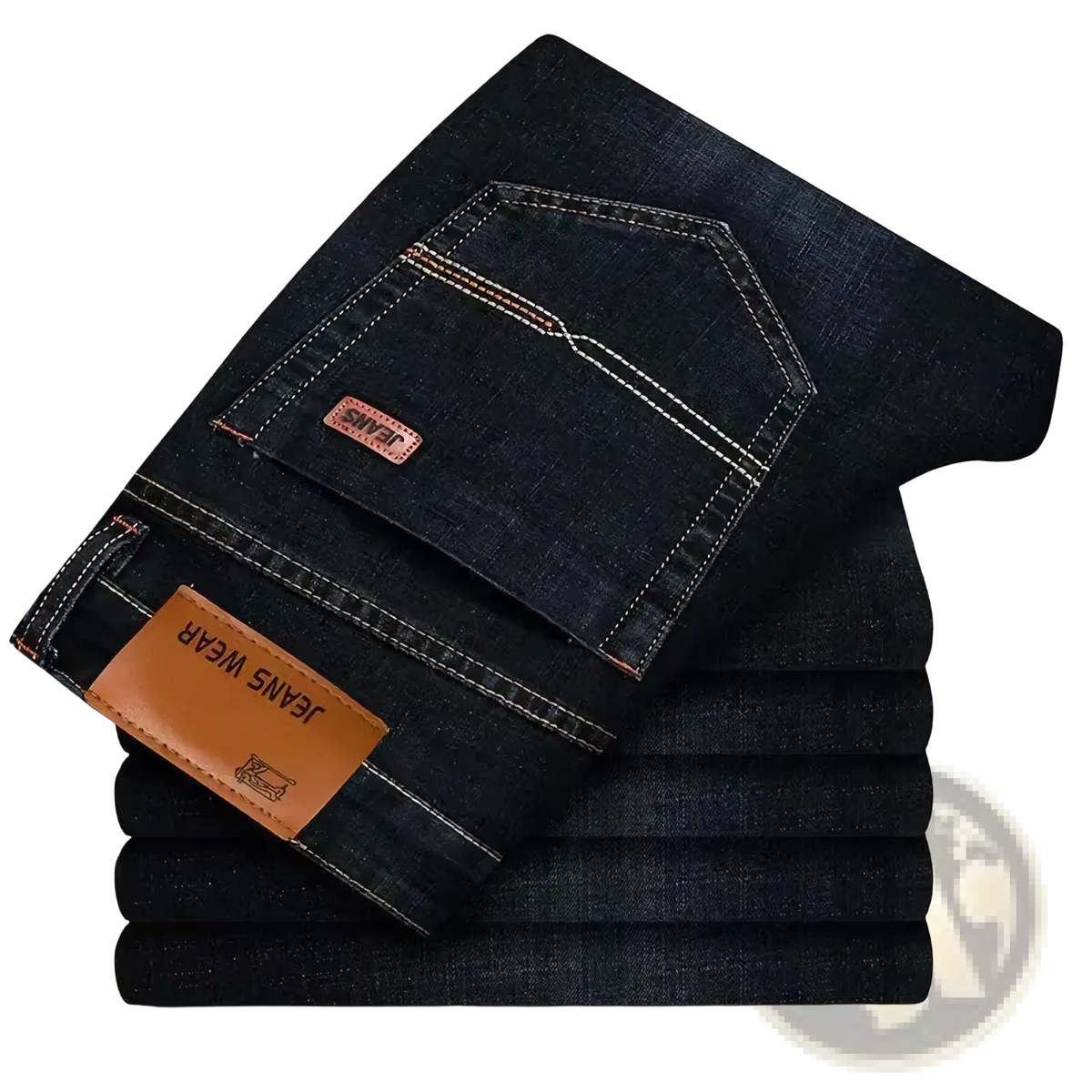 Men’s straight leg stretch denim jeans in dark indigo with white stitching and brown leather brand patches