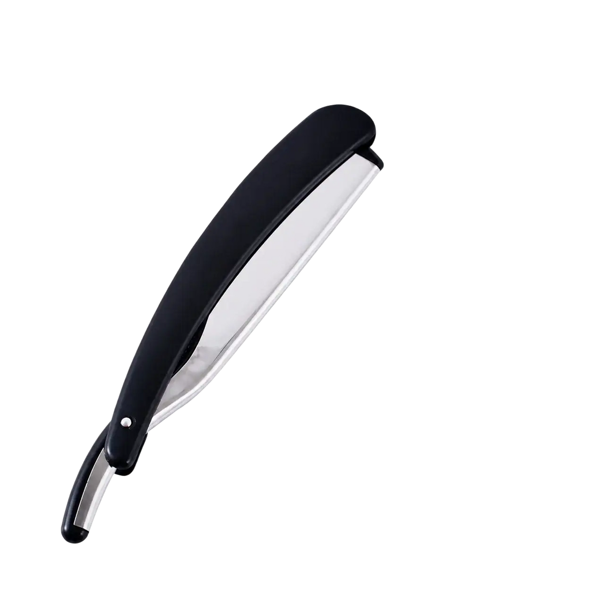 Black mens straight safety razor grooming tool with sleek curved handle and polished stainless steel blade