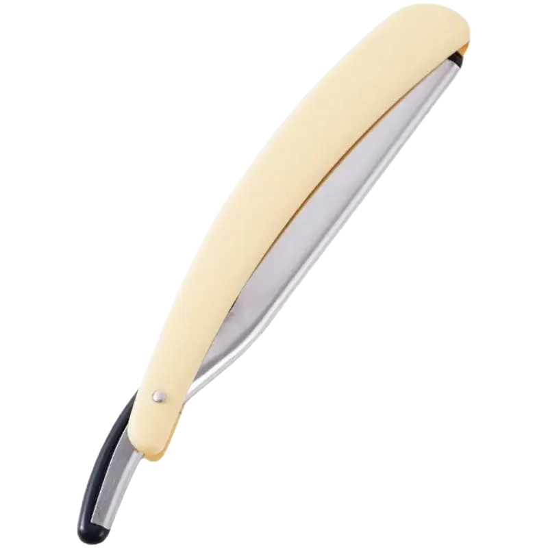 Cream-colored celluloid-handled mens straight safety razor with polished stainless steel blade and black rubberized grip
