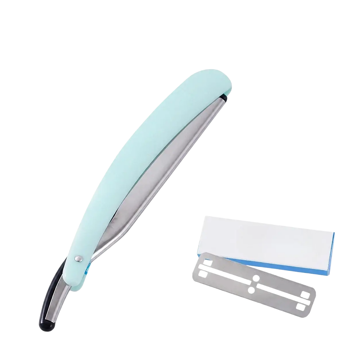 Mens straight safety razor grooming tool featuring a light blue plastic handle metallic blade and black grip