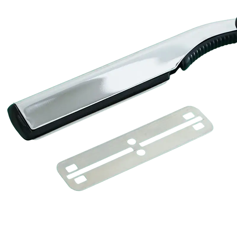 Mens straight safety razor grooming tool with shiny stainless steel body black rubberized grip and metal plate accessory