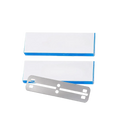 A silver metallic mens straight safety razor blade with precise evenly spaced slots for sharpness and grooming use