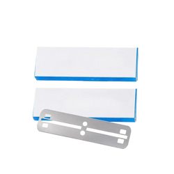 A silver metallic mens straight safety razor blade with precise evenly spaced slots for sharpness and grooming use