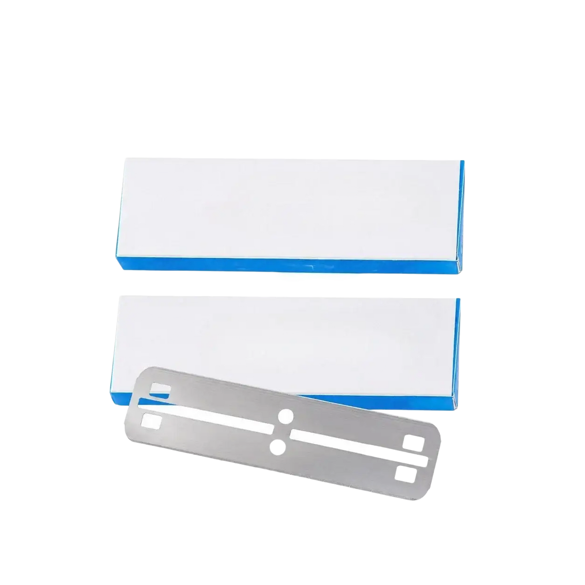 A silver metallic mens straight safety razor blade with precise evenly spaced slots for sharpness and grooming use