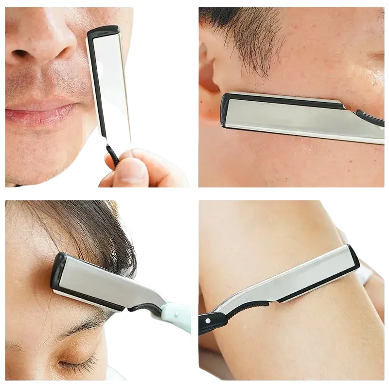 Mens straight safety razor grooming tool with sleek silver blade and black ergonomic handles for precise grooming