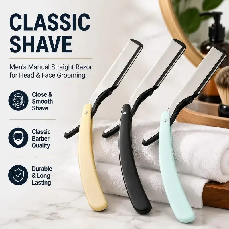 Three men’s manual straight safety razors with black handles in cream, black, and light blue finishes for grooming