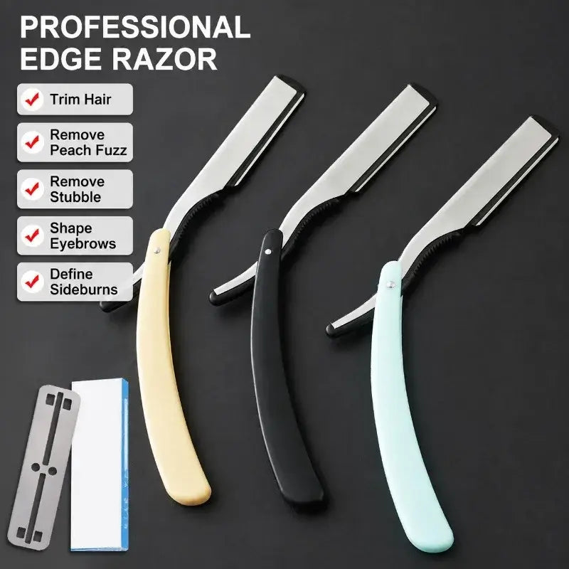 Mens straight safety razor grooming tool with sleek curved cream black and light blue handles and polished stainless steel blades