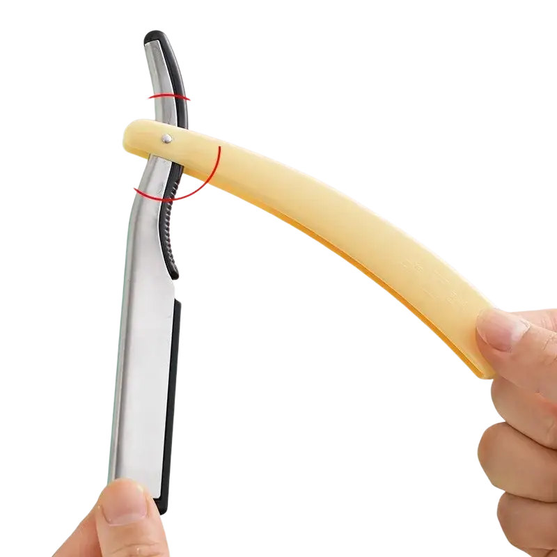 Mens straight safety razor grooming tool with yellow plastic handle, silver metallic blade, and black rubberized grip