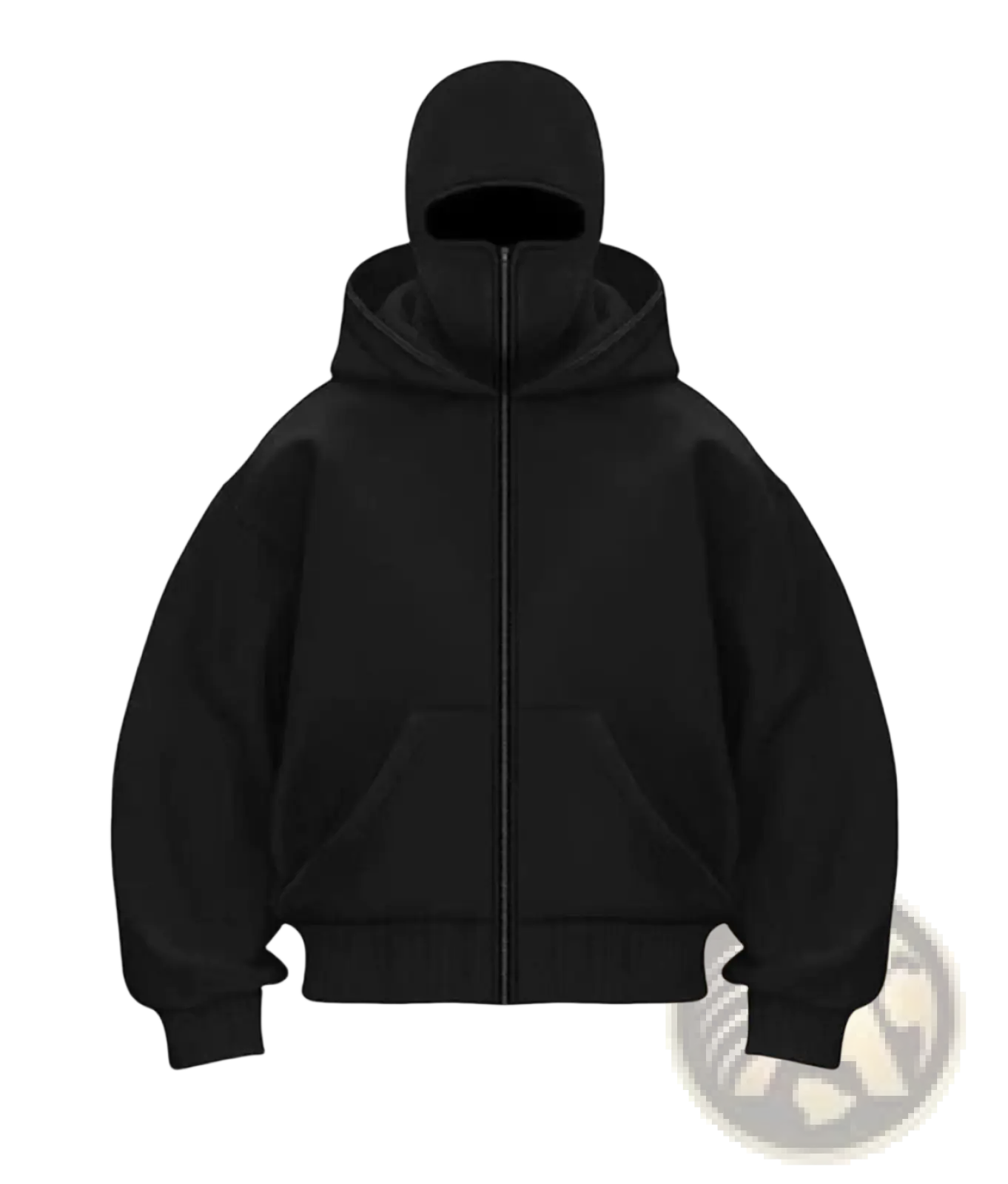 Men’s streetwear black fleece zip-up baseball jacket with attached balaclava hood for casual wear
