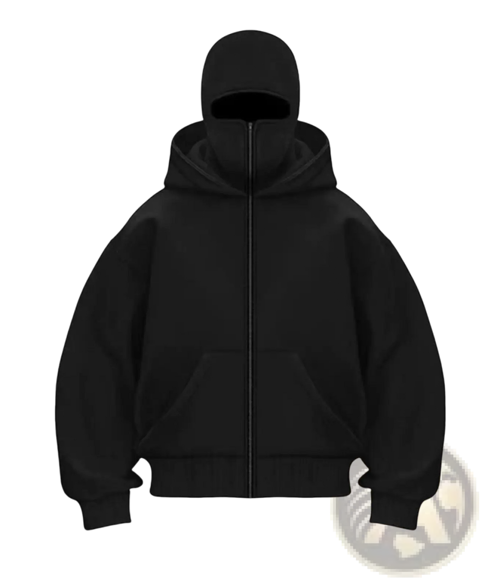 Men’s streetwear black fleece zip-up baseball jacket with attached balaclava hood for casual wear