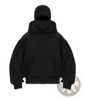 Men’s streetwear black fleece zip-up baseball jacket with attached balaclava hood for casual wear