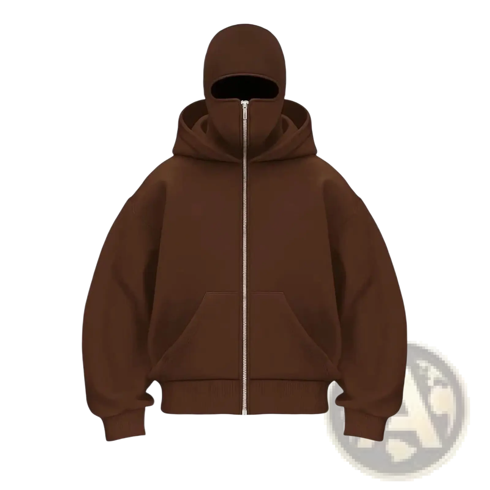 Men’s brown hooded fleece zip up baseball jacket with balaclava face opening and front pockets for streetwear