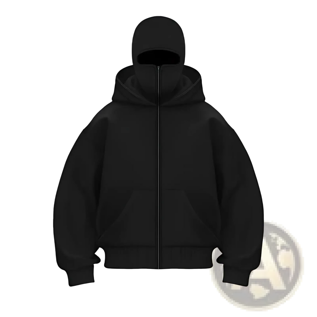 Men’s black zip-up fleece streetwear hoodie with attached balaclava hood for casual and athletic wear