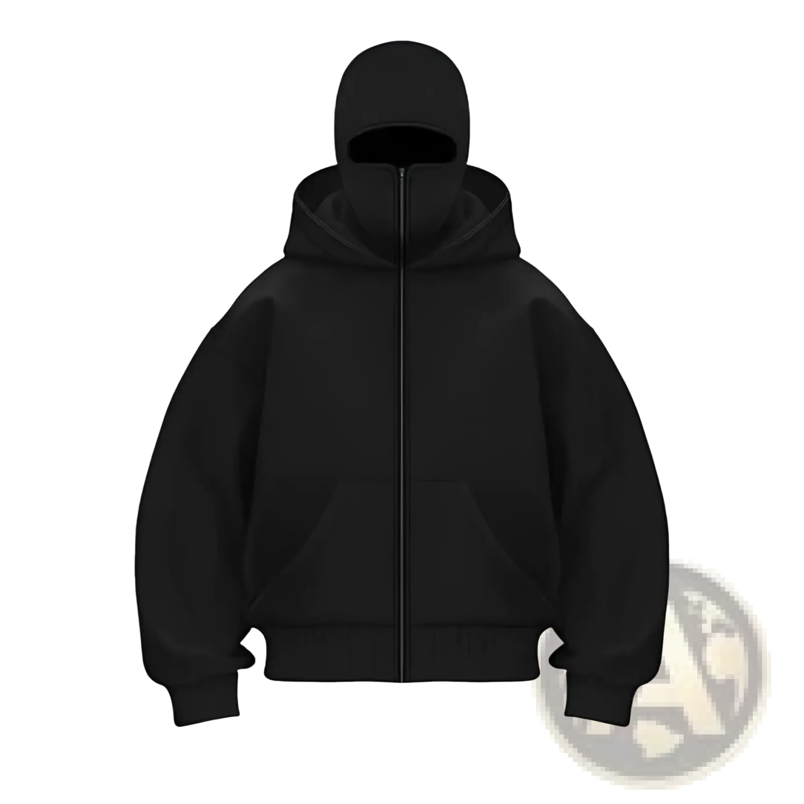 Men’s black zip-up fleece streetwear hoodie with attached balaclava hood for casual and athletic wear