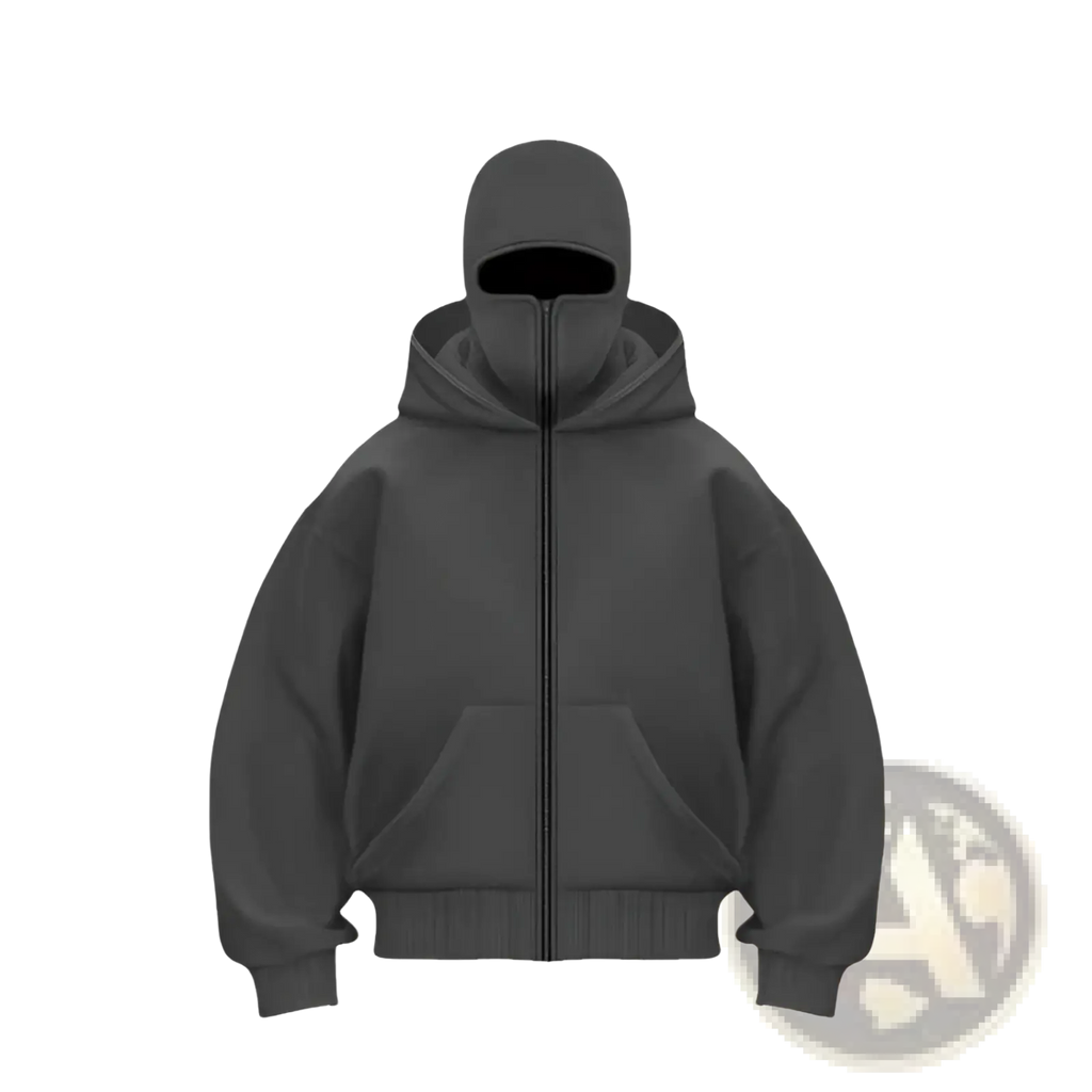 Men’s streetwear dark gray hooded fleece zip up baseball jacket with full-length zipper and integrated balaclava