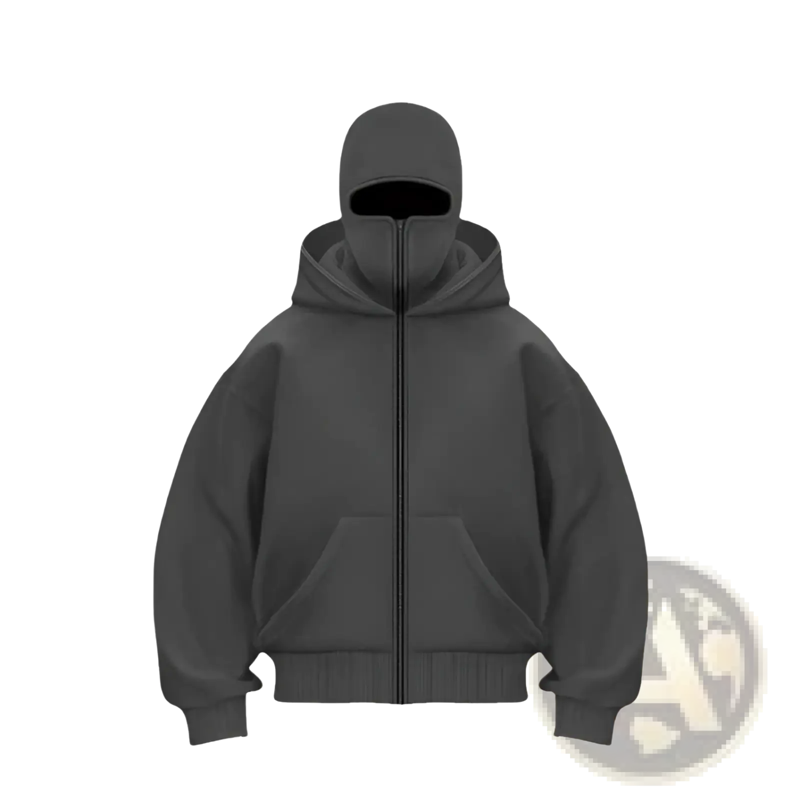Men’s streetwear dark gray hooded fleece zip up baseball jacket with full-length zipper and integrated balaclava