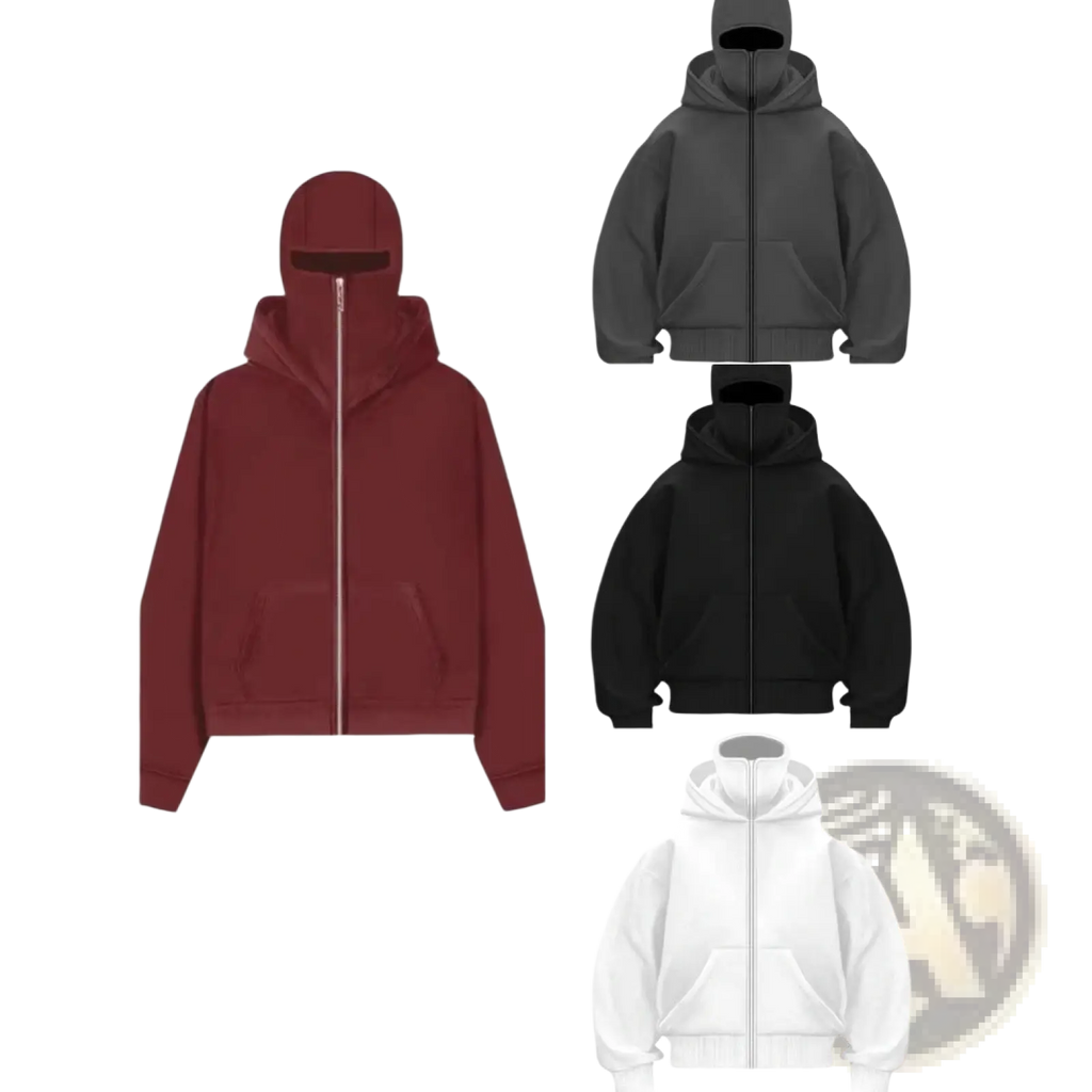 Men’s streetwear maroon zip-up fleece baseball jacket with hood featuring an open face cutout made of soft fleece material