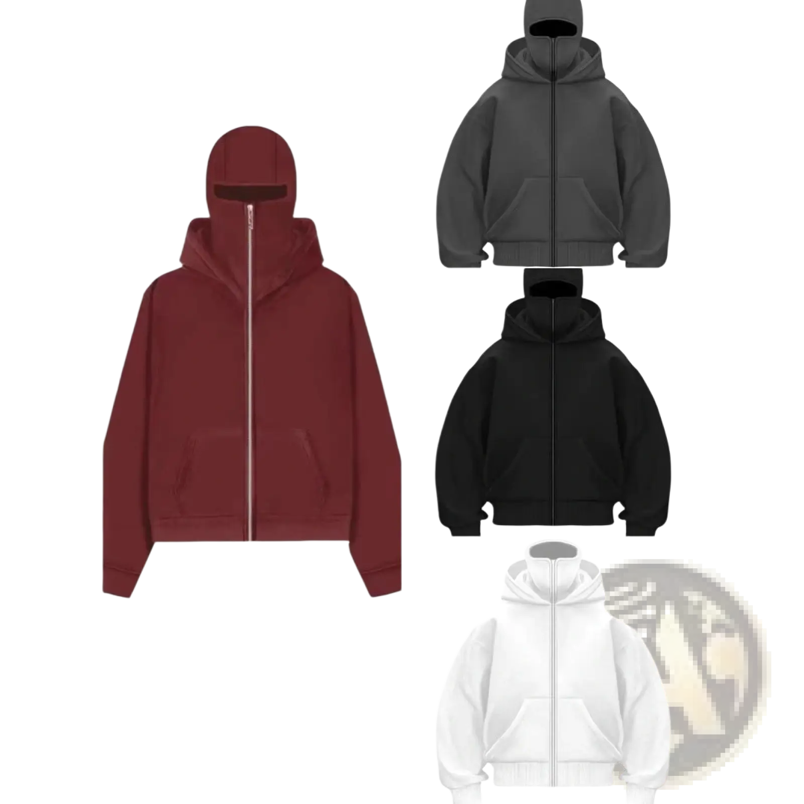 Men’s streetwear maroon zip-up fleece baseball jacket with hood featuring an open face cutout made of soft fleece material