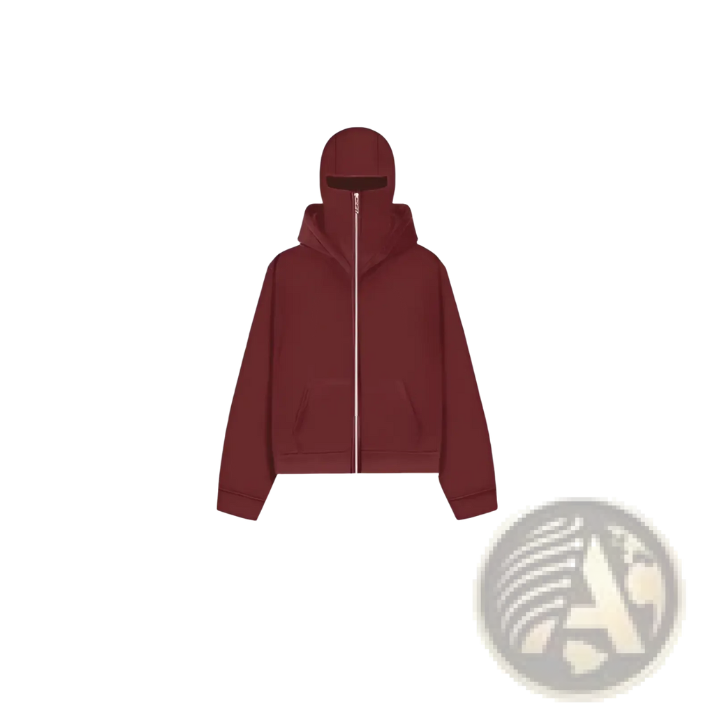 Men’s streetwear maroon hooded fleece zip up baseball jacket with full-length zipper and two front pockets