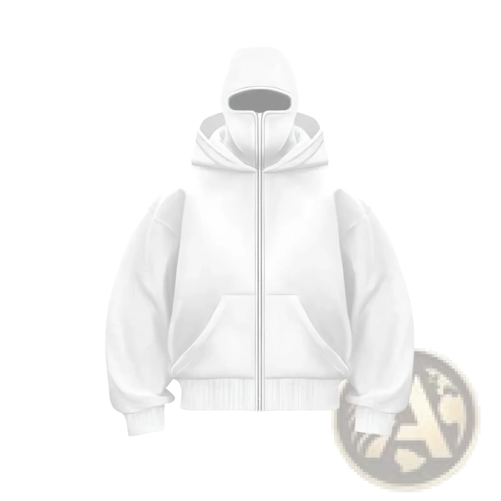 Men’s white fleece zip up baseball jacket with balaclava hood and front pockets for streetwear style