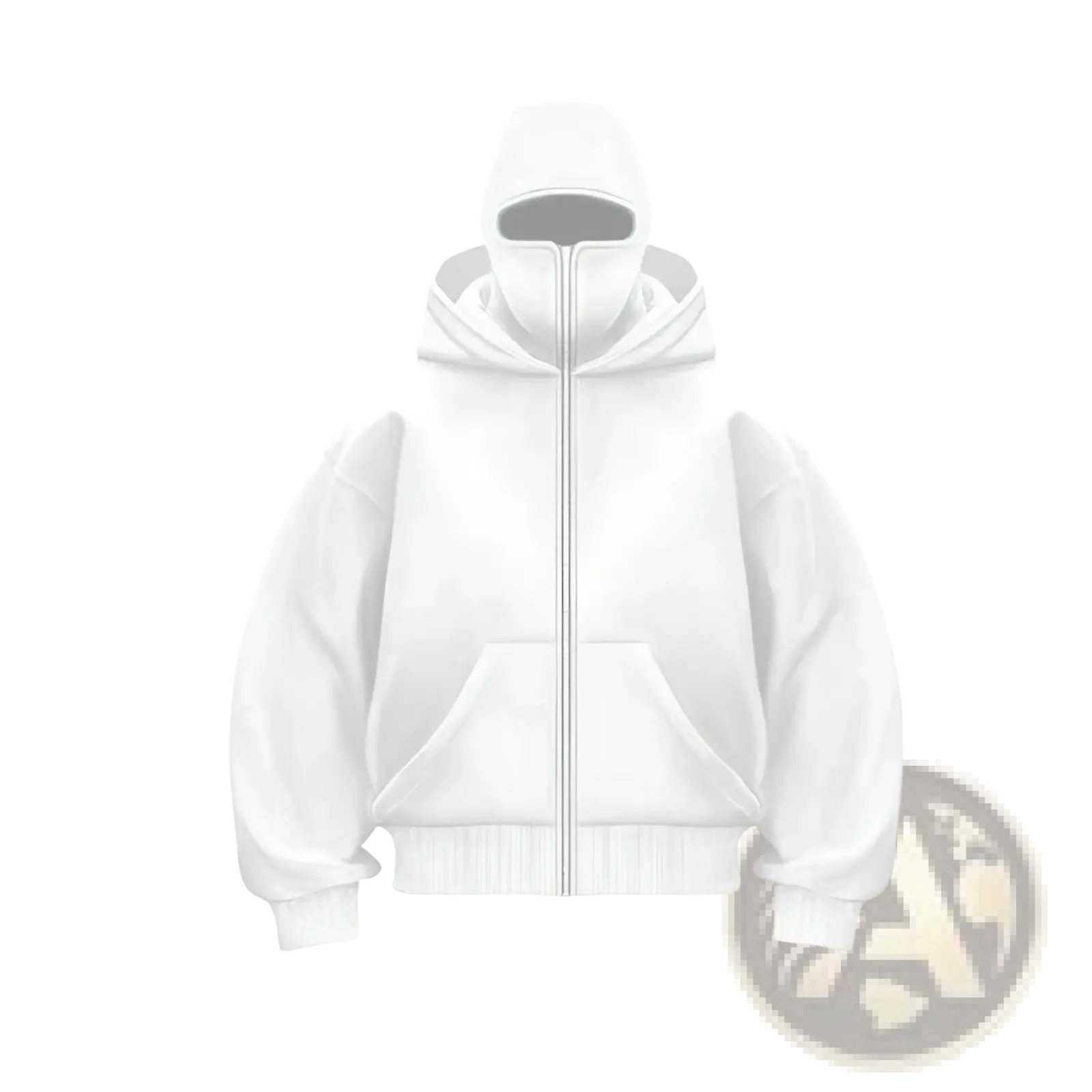 Men’s white fleece zip up baseball jacket with balaclava hood and front pockets for streetwear style