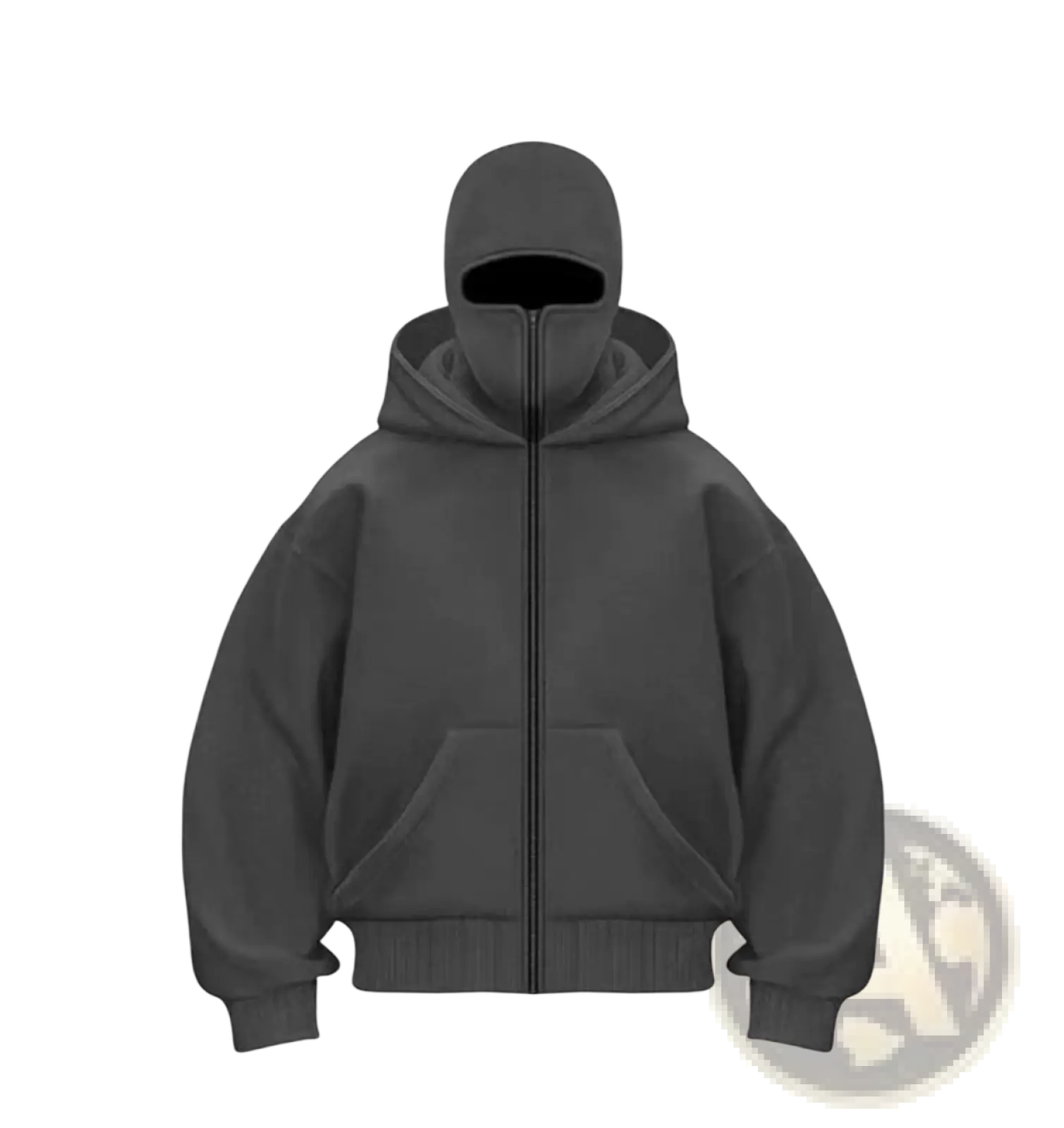 Men’s dark gray streetwear zip-up fleece baseball jacket with attached balaclava hood for casual wear