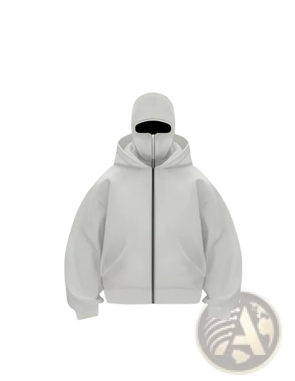 Men’s streetwear off-white zip-up fleece baseball jacket with matching beanie featuring black zipper accents