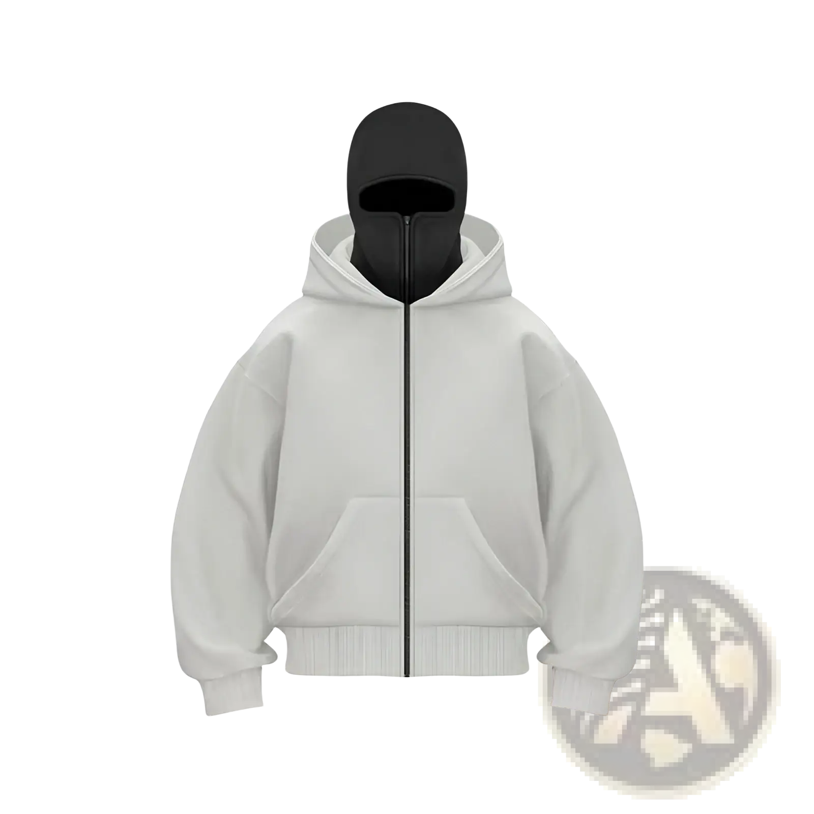 Men’s streetwear white zip-up fleece hoodie with black balaclava over the hood for a baseball jacket style
