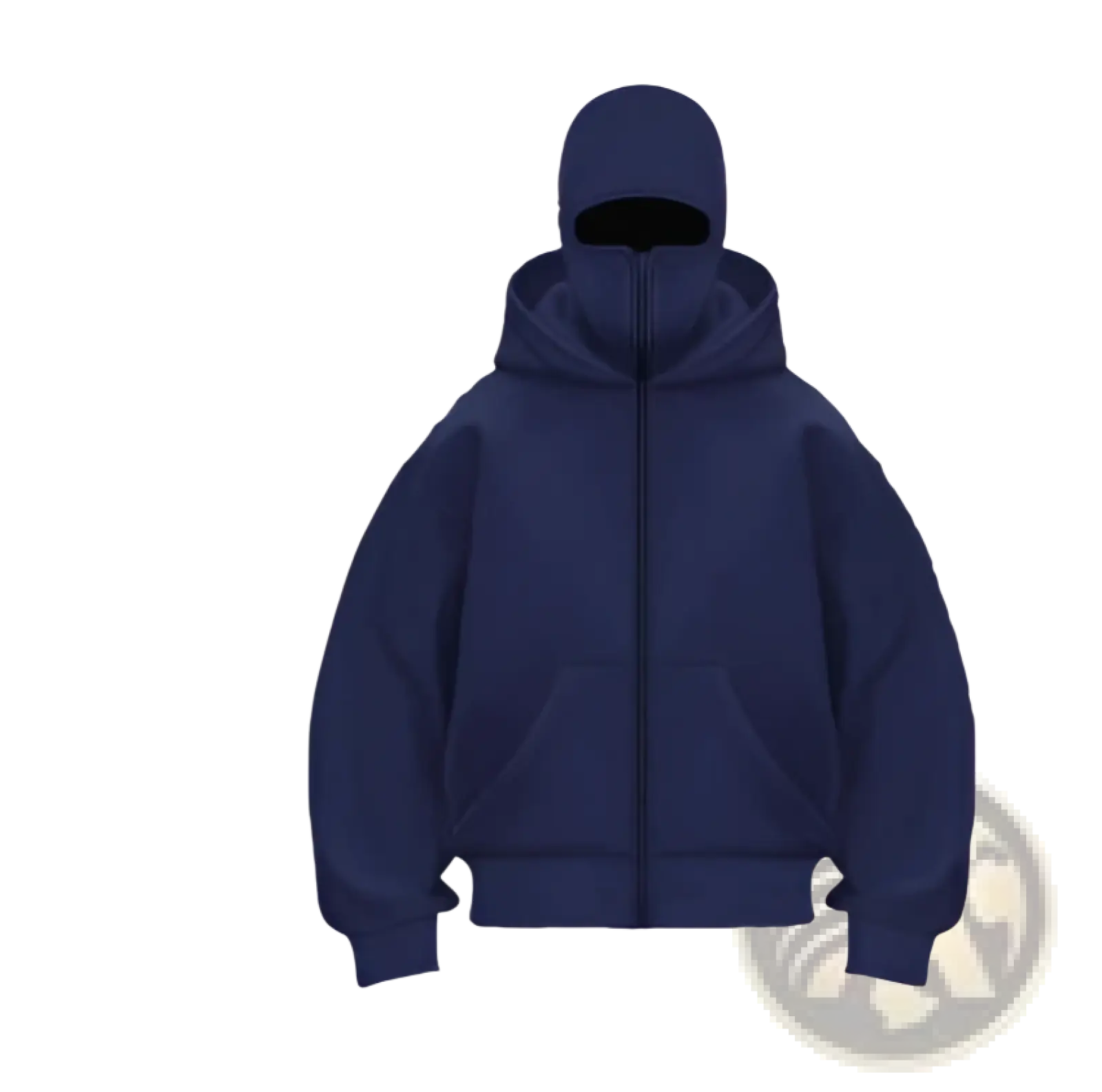 Navy blue men’s streetwear hooded fleece zip up baseball jacket with attached beanie cap, front view